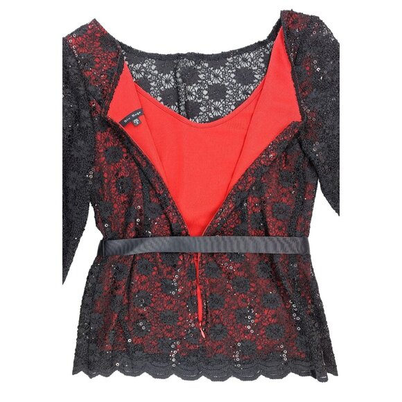 Blu Sage Black Red Lace Sparkle Top Women Small Holiday Party New Year Fancy - Picture 11 of 13
